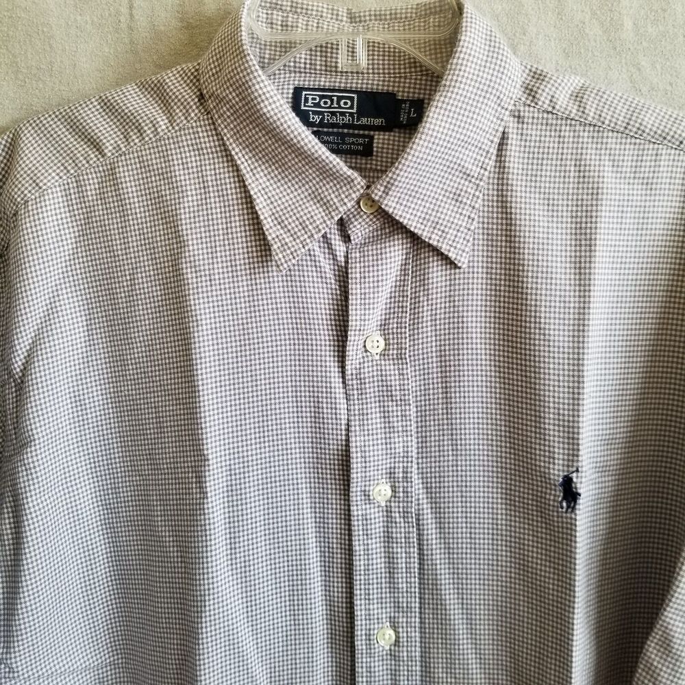 Polo Ralph Lauren‎ Mens Large Shirt Gray Plaid Short Sleeve Button Lowell Sport